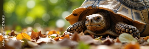Slow-moving tortoise crawling among autumn leaves in a forest