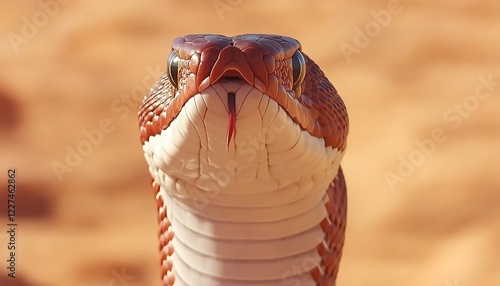 Desert snake close-up, tongue flicking, sand background, wildlife documentary photo