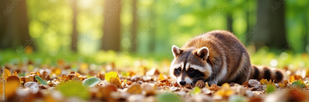 Fototapeta premium Raccoon searching among autumn leaves in a sunny forest