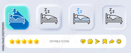 Sleep line icon. Neumorphic, Flat shadow, 3d buttons. Night rest bed sign. Human bedtime symbol. Line sleep icon. Social media icons. Vector