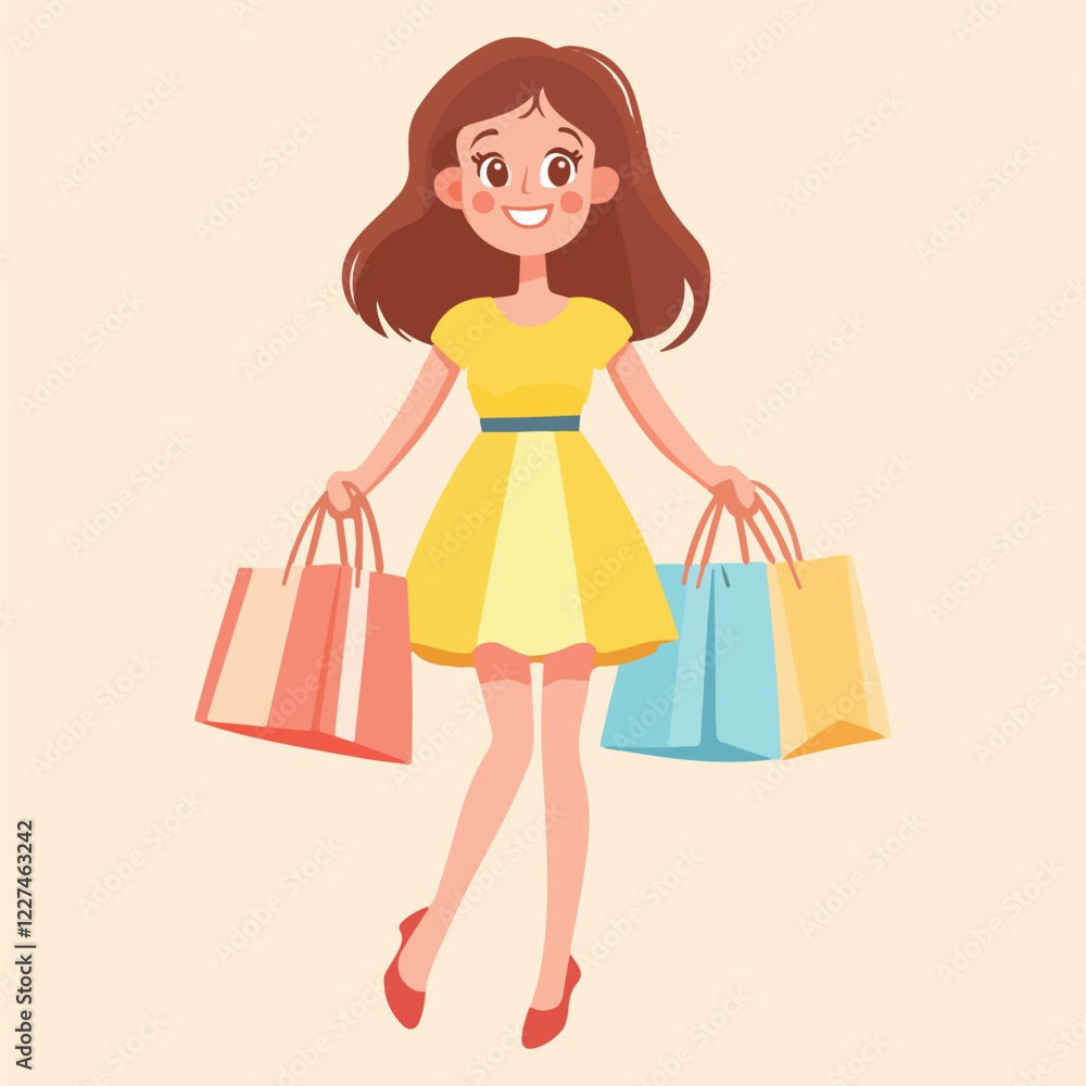 Happy woman holding shopping bags vector illustration Happy woman holding shopping bags vector illustration