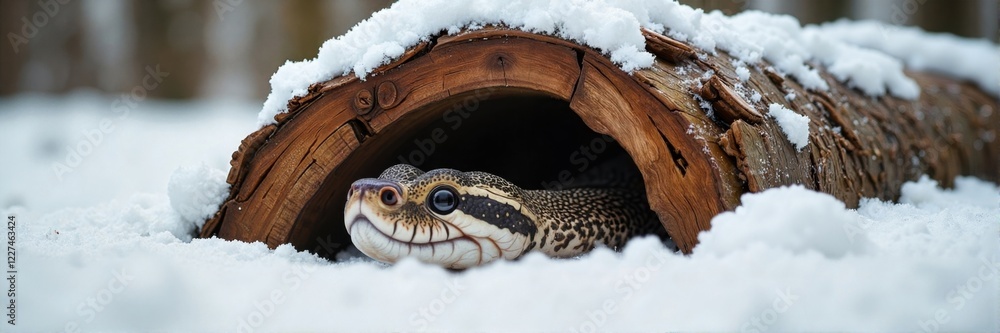 Fototapeta premium Snake peeking from a hollow log in a snowy forest