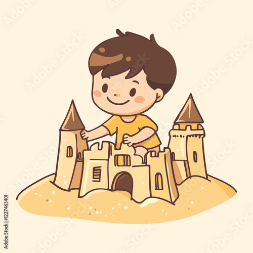 Cute little boy playing in sand with sand castle Vector illustration