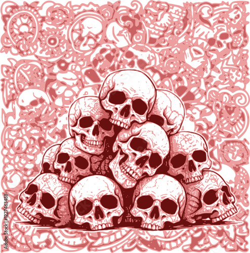 A pile of skulls human skulls with many shaped background tattoo hand drawing vectors art red
