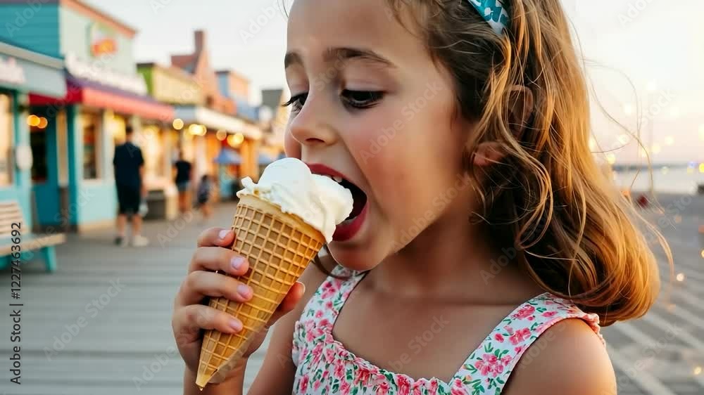 Young girl enjoys ice cream cone at sunset on a vibrant boardwalk Young girl enjoys ice cream cone at sunset on a vibrant boardwalk