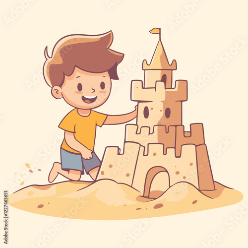 Cute little boy playing in sand with sand castle Vector illustration