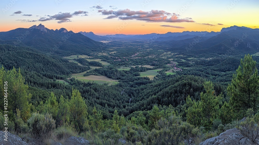 Fototapeta premium Panoramic sunset view over valley, mountains, and forests.