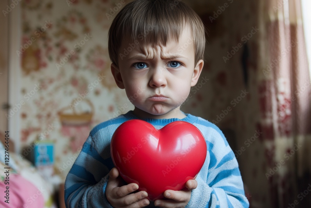 Сhildren valentine's day greeting card: toddler boy with dejected face holds red heart in hands. Sign of love. Commercial visual idea. Heart in children's hands. February love vibes. Сhildren valentine's day greeting card: toddler boy with dejected face holds red heart in hands. Sign of love. Commercial visual idea. Heart in children's hands. February love vibes.