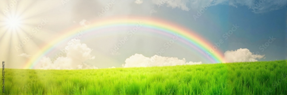 Rainbow arching over lush green meadow with sunshine Rainbow arching over lush green meadow with sunshine
