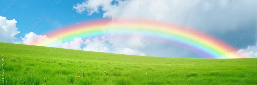 Vibrant rainbow over lush green rolling hills Vibrant rainbow over lush green rolling hills