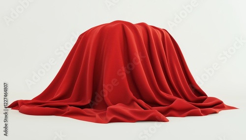 Digital Abstract Artwork: Unveiling Soaring Fabric And Spherical Red Curtain On White Background, Depicting Folded Cloth And Ile Cover.