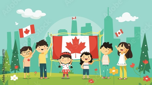 Joyful Kids Celebrating Canada Day Flat Vector Illustration