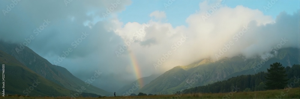 Misty mountain valley with a rainbow after rain Misty mountain valley with a rainbow after rain