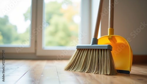 Wallpaper Mural A broom and a yellow dustpan are placed on a clean wooden floor near a large window, suggesting a scene of spring cleaning with natural light coming through Torontodigital.ca