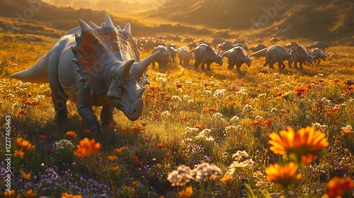 Xenoceratops herd grazing open prairie clearing surrounded by modern wildflowers their ornate frills glowing under the golden light of early evening captured with a drone lens for rich natural tones photo