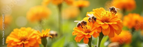 Group of bees pollinating orange flowers in sunlit garden