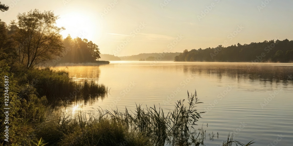 Obraz premium Morning sunlight dances on the surface of a serene lake, calm water, serenity now, tranquility