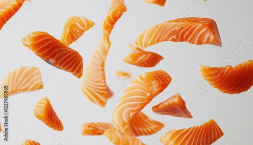 Salmon Slices Cascading Onto A White Surface: A Picturesque Display Of Fresh Fish In Motion And Ready To Be Cooked.