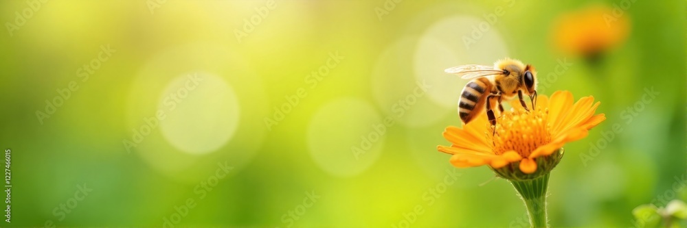 Bee on an orange wildflower with blurred green background, macro shot Bee on an orange wildflower with blurred green background, macro shot
