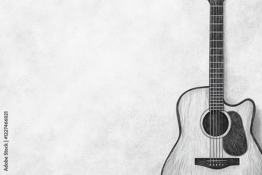 Obraz premium A guitar leaning against a wall, pencil sketch, minimalist lines, soft and calming tones.
