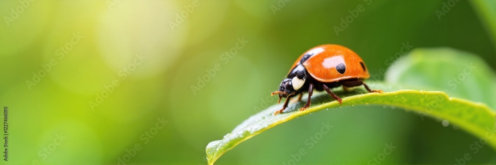 Ladybug on the tip of a green leaf, bright and vibrant macro shot Ladybug on the tip of a green leaf, bright and vibrant macro shot
