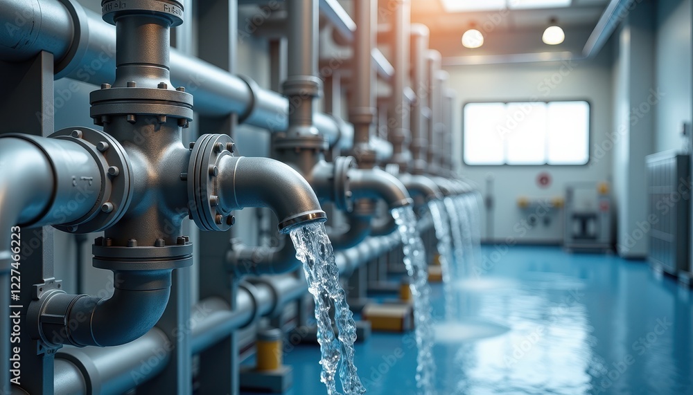 A series of industrial pipes with water flowing out of multiple outlets, likely part of a water treatment or distribution facility. This highlights water management infrastructure for World Water Day A series of industrial pipes with water flowing out of multiple outlets, likely part of a water treatment or distribution facility. This highlights water management infrastructure for World Water Day