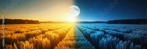 Golden wheat field split between day and night under a full moon