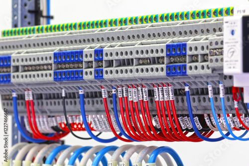 Electrical screw terminals for connecting wires in an electrical switchboard. Soft focus. Close-up.