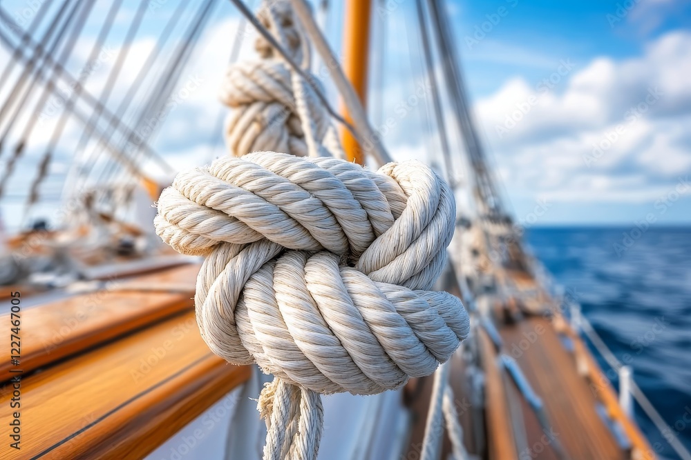 Obraz premium A close-up of an intricate maritime knot on a weathered rope, with a backdrop of ship's wooden planking