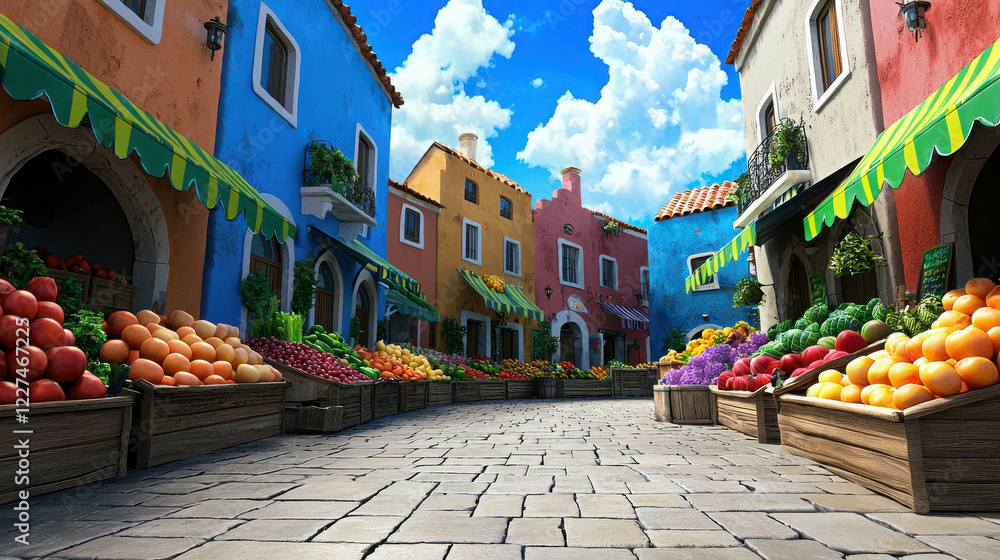 Obraz premium Bustling Open Air Market in Vibrant Mediterranean Town with Colorful Stalls and Produce