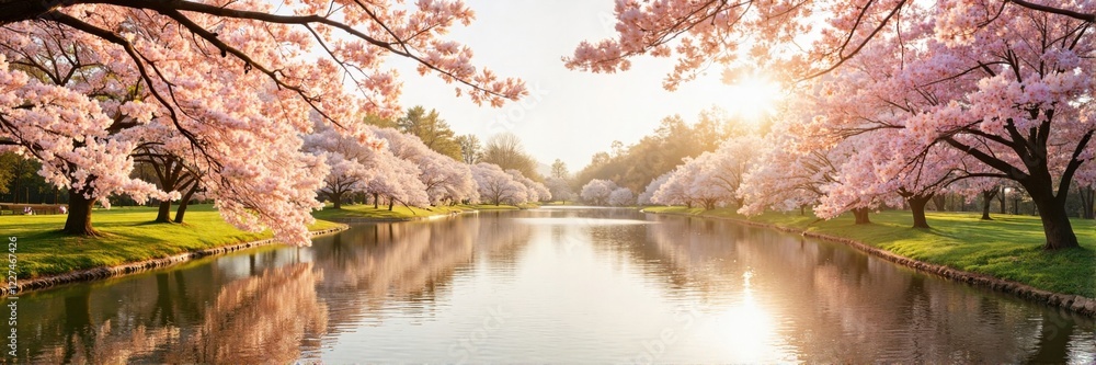 Cherry blossom trees reflecting on a calm lake at sunrise Cherry blossom trees reflecting on a calm lake at sunrise