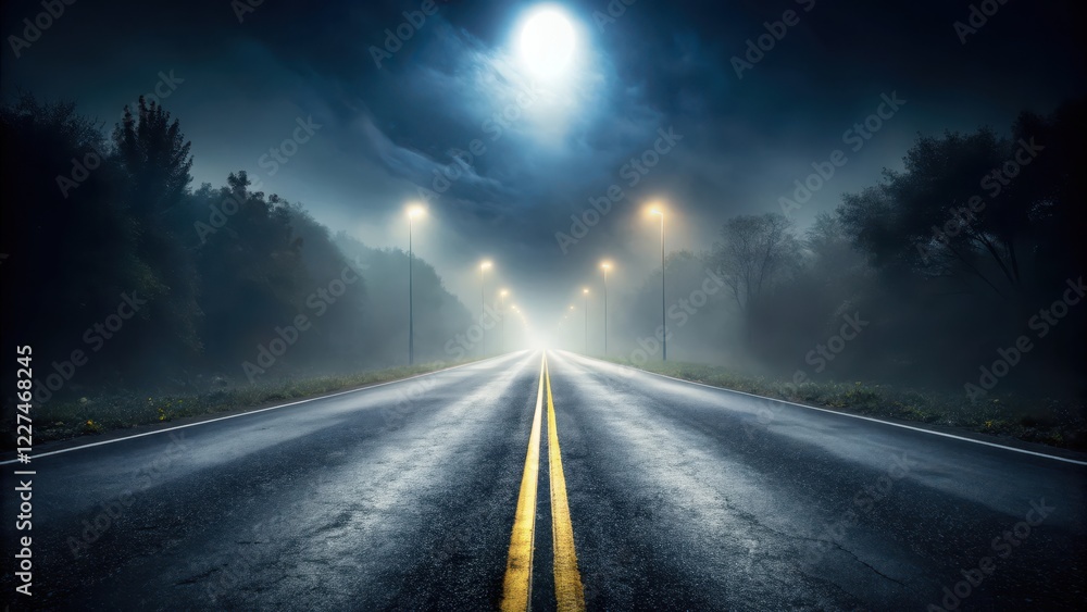 Fototapeta premium Dark and gloomy road at night with fog rolling in, fog, nighttime