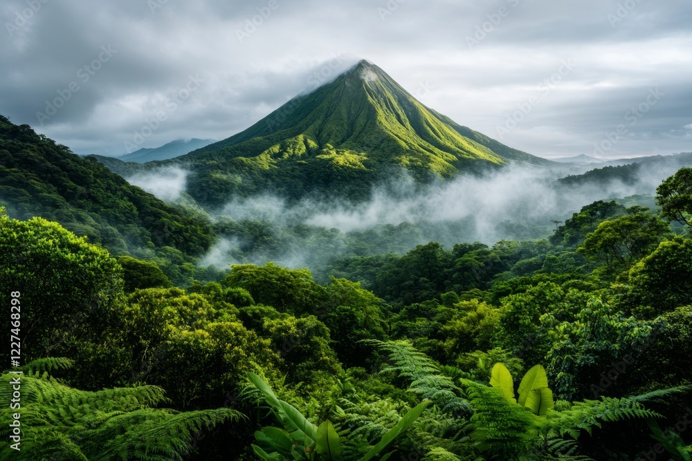 Fototapeta premium A striking mountain peak standing tall in a misty range of smaller, less distinct mountains