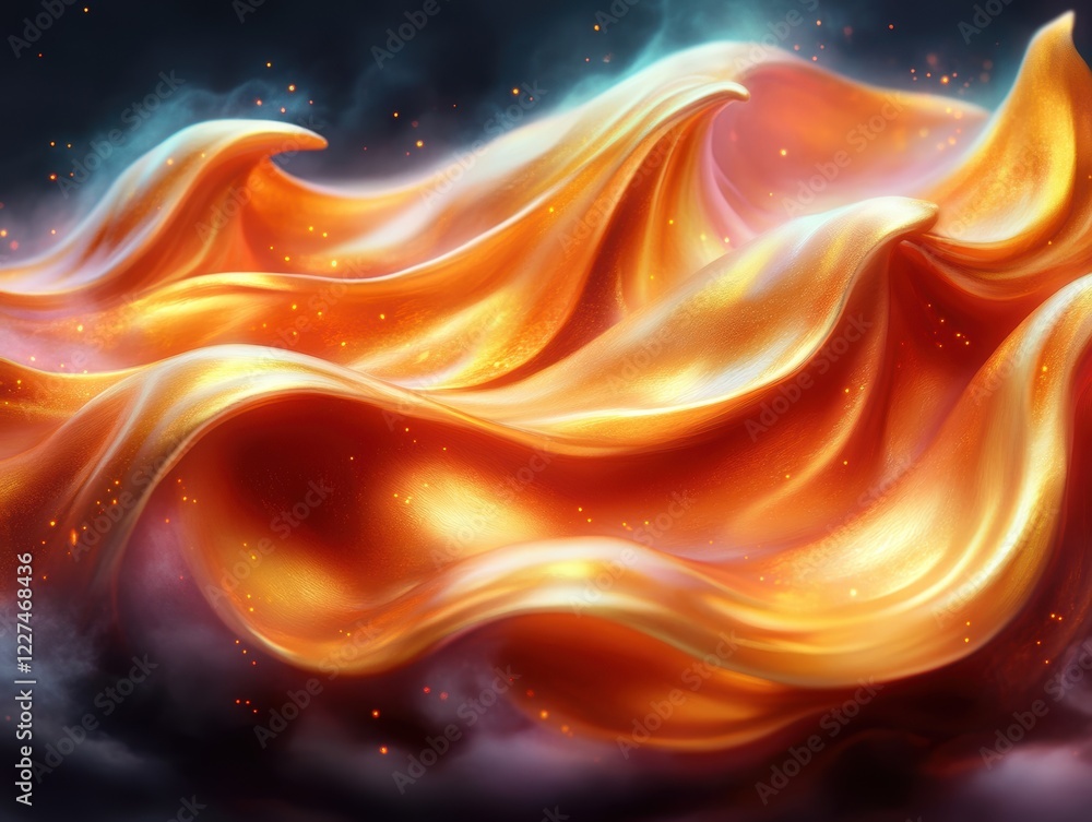 A mesmerizing flow of golden-orange silk waves, illuminated by glowing sparkles and surrounded by a dreamy misty atmosphere, exuding warmth and elegance, generative AI. A mesmerizing flow of golden-orange silk waves, illuminated by glowing sparkles and surrounded by a dreamy misty atmosphere, exuding warmth and elegance, generative AI.