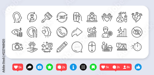 Consumption growth, Telemedicine and Carrots line icons pack. Social media: share, comment, like icons. Business vision, Pencil, Pets care web icon. Cleaning, Call center, Brush pictogram. Vector