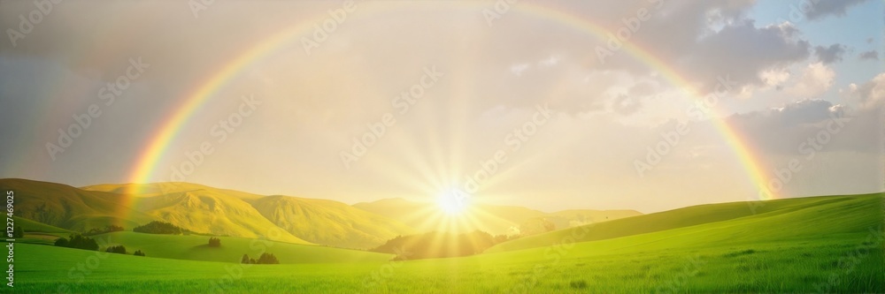 Fototapeta premium Majestic rainbow over rolling green hills at sunrise