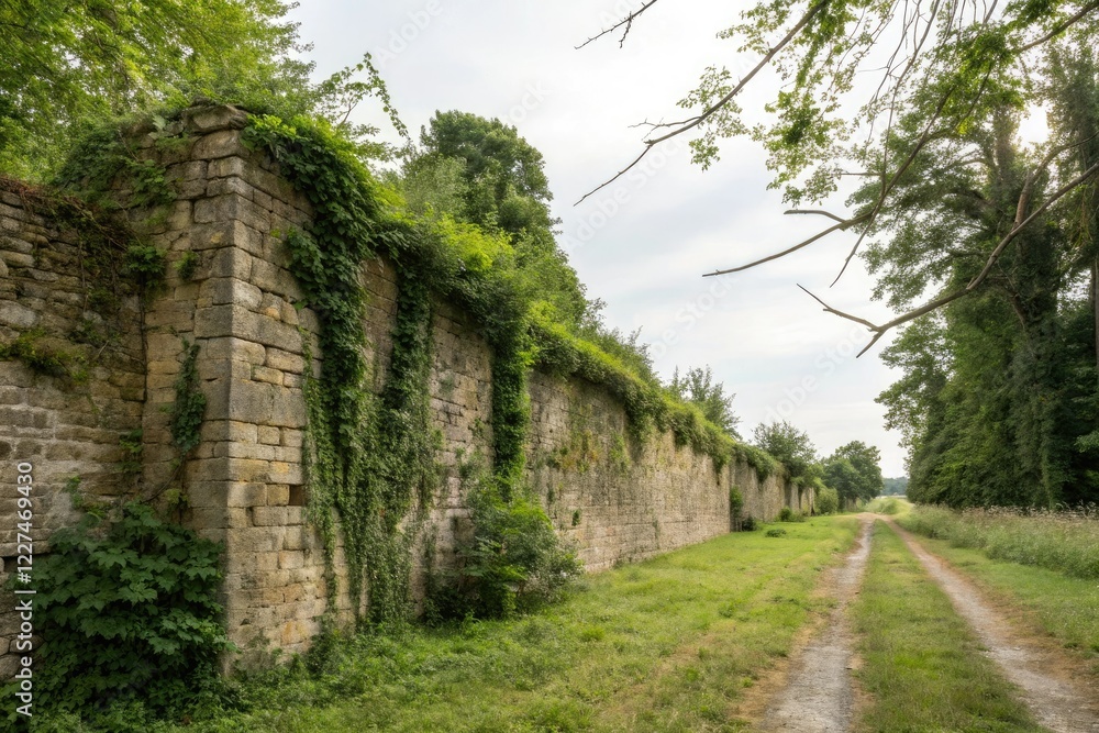 Old stone wall with overgrown vegetation, old brick wall, building background, weathered, landscape Old stone wall with overgrown vegetation, old brick wall, building background, weathered, landscape