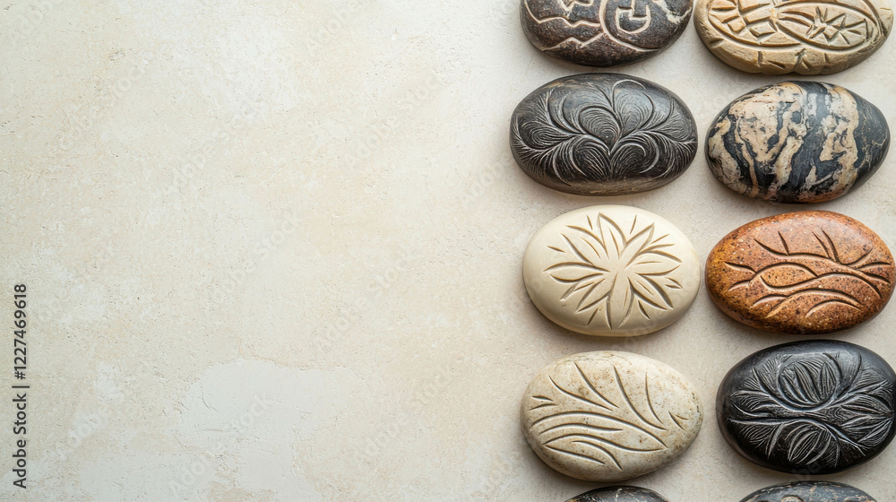 Collection of Beautifully Engraved Stones Displaying Unique Artistic Designs and Textures Collection of Beautifully Engraved Stones Displaying Unique Artistic Designs and Textures
