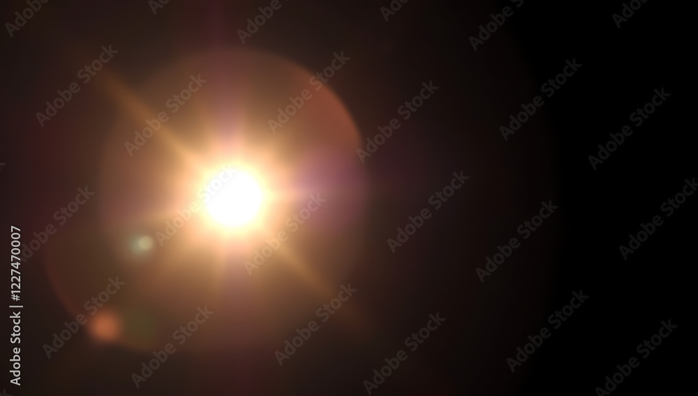Obraz premium A naturalistic lens flare with golden sun rays peeking through, featuring soft halo effects and diffused edges on a dark gradient background.