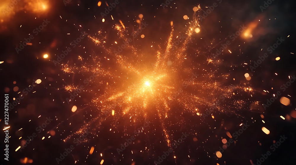 Fototapeta premium Golden fireworks explosion in dark night sky