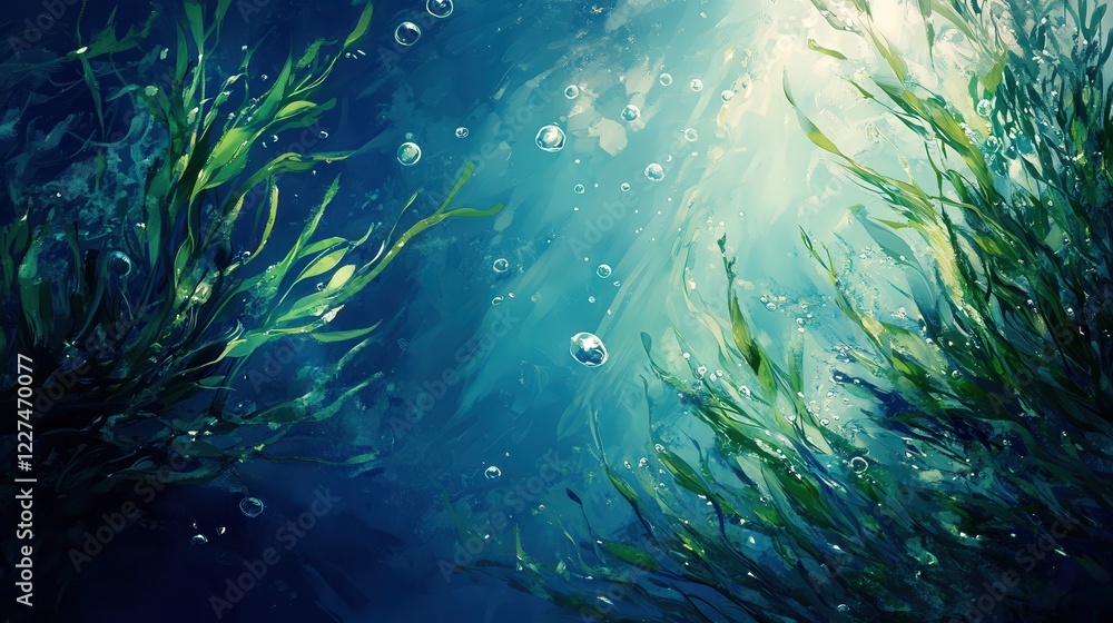 Fototapeta premium Green seaweed and seagrass stretching towards the light, scattered bubbles enhancing the serenity of the deep blue aquatic background