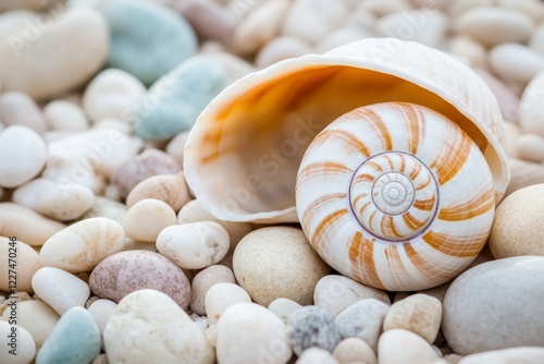 A unique seashell on a beach, surrounded by countless ordinary pebbles, symbolizing hidden treasures in plain sight photo