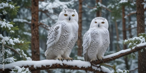 Snowy owl perched on a branch with snow-covered branches and pine needles in the background, snowy owl, owl species