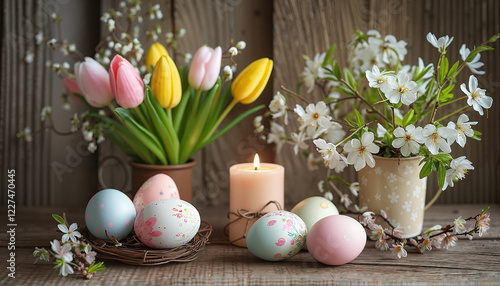 Wallpaper Mural Spring Decoration: Easter Table Setting. Rustic Easter Still Life with Flowers. Painted Eggs and Candles on Wooden Table Torontodigital.ca