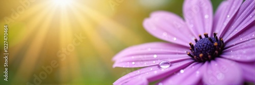 Purple flower with morning dew and sun rays in background