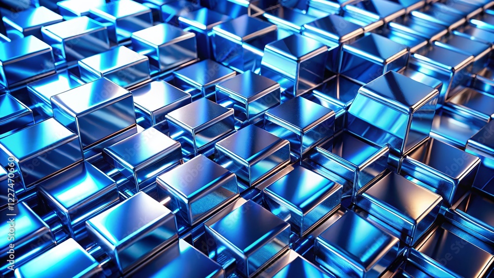 Fototapeta premium Abstract Chrome Geometry: Interlocking Metal Plates Reflecting Blue Light - Stock Photo