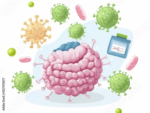 Detailed depicting abnormal cancerous cells in the pancreas  showcasing an early stage tumor growth in a flat  minimalist design style  This visual representation can be used in medical  scientific photo