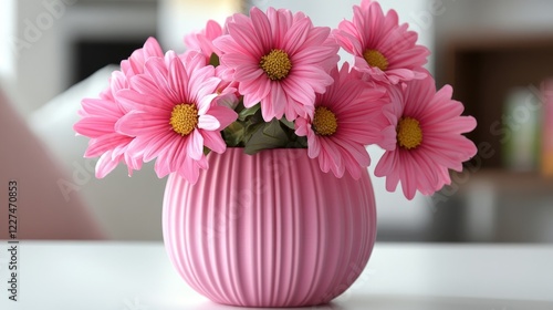 Wallpaper Mural A chic pink vase filled with bright pink flowers, placed on a white table with a cozy and modern aesthetic, creating a perfect balance of elegance and comfort Torontodigital.ca