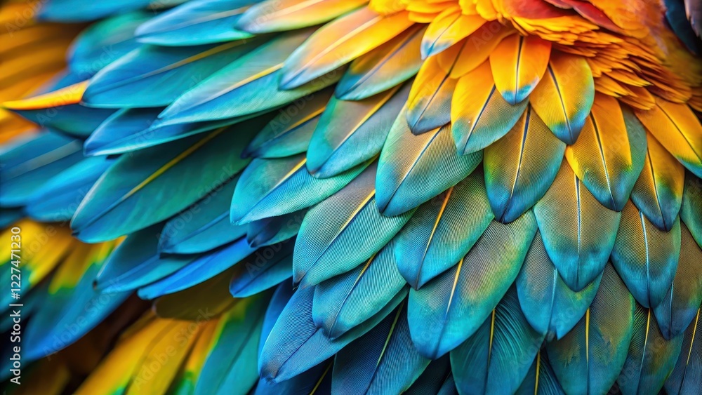 Obraz premium A close-up shot of a macaw's wings with teal and gold feathers background, tropical bird