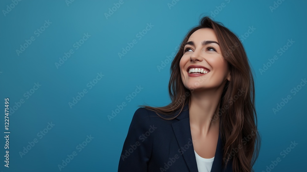 Fototapeta premium A businesswoman laughs against a blue background
